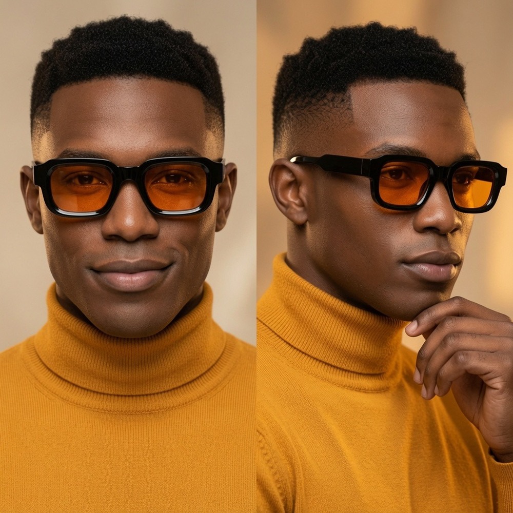 Mens Square Sunglasses Black Frame Orange Tinted Lens Retro Streetwear UV400 New